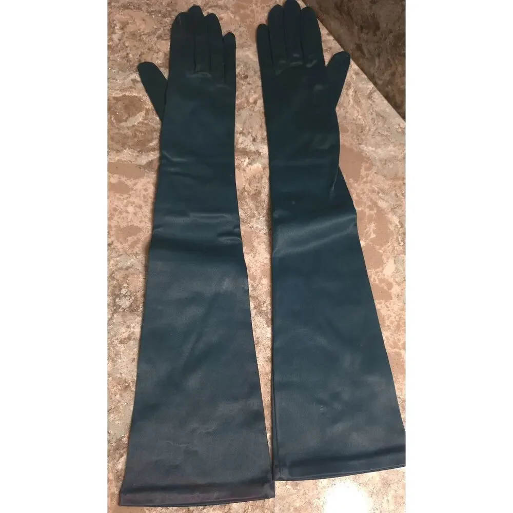Vintage Mid Century Ladies Green Elbow Length Nylon Gloves One Size Medium